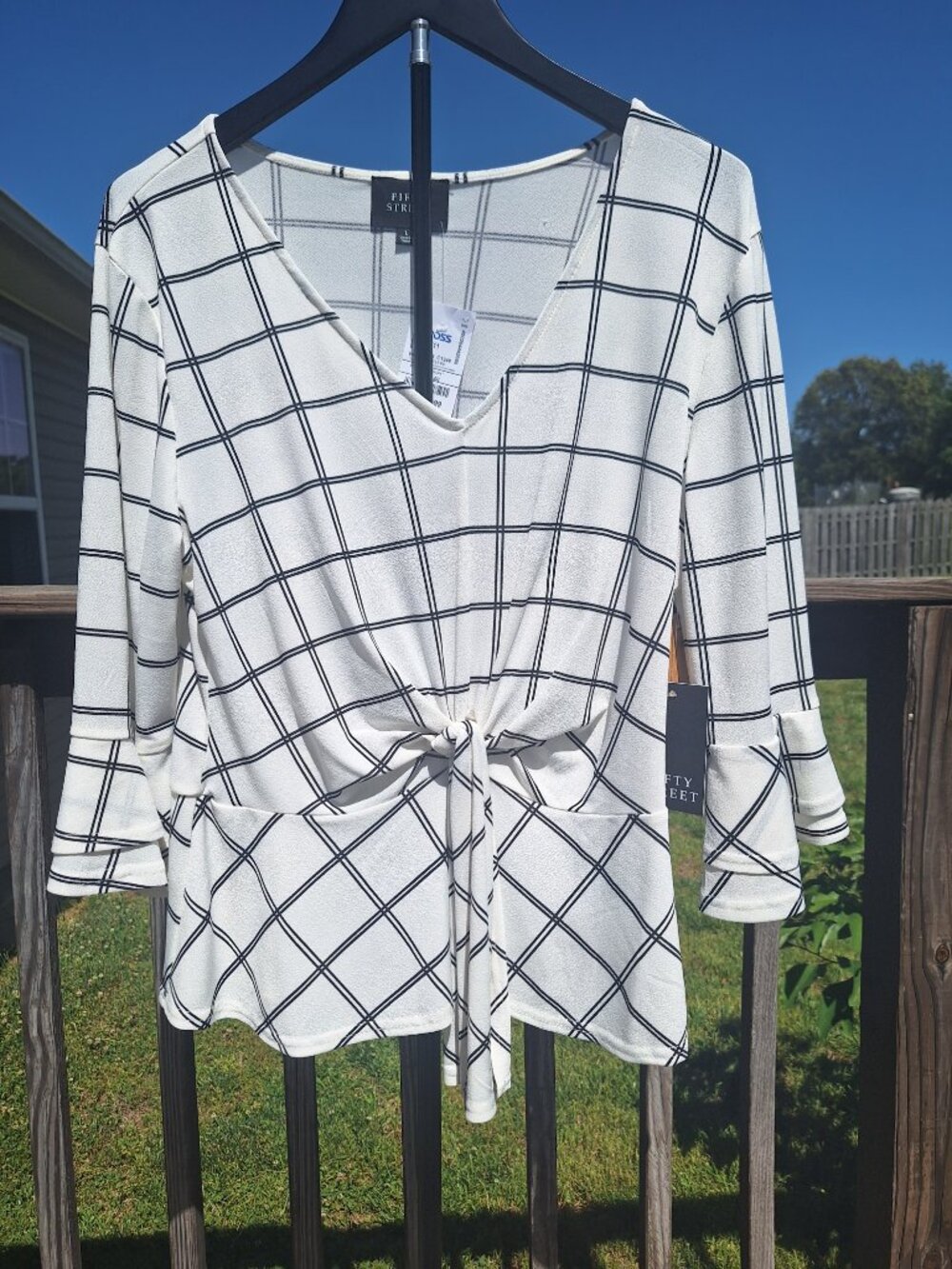 Black & White Windowpane Grid Print Blouse Sz L